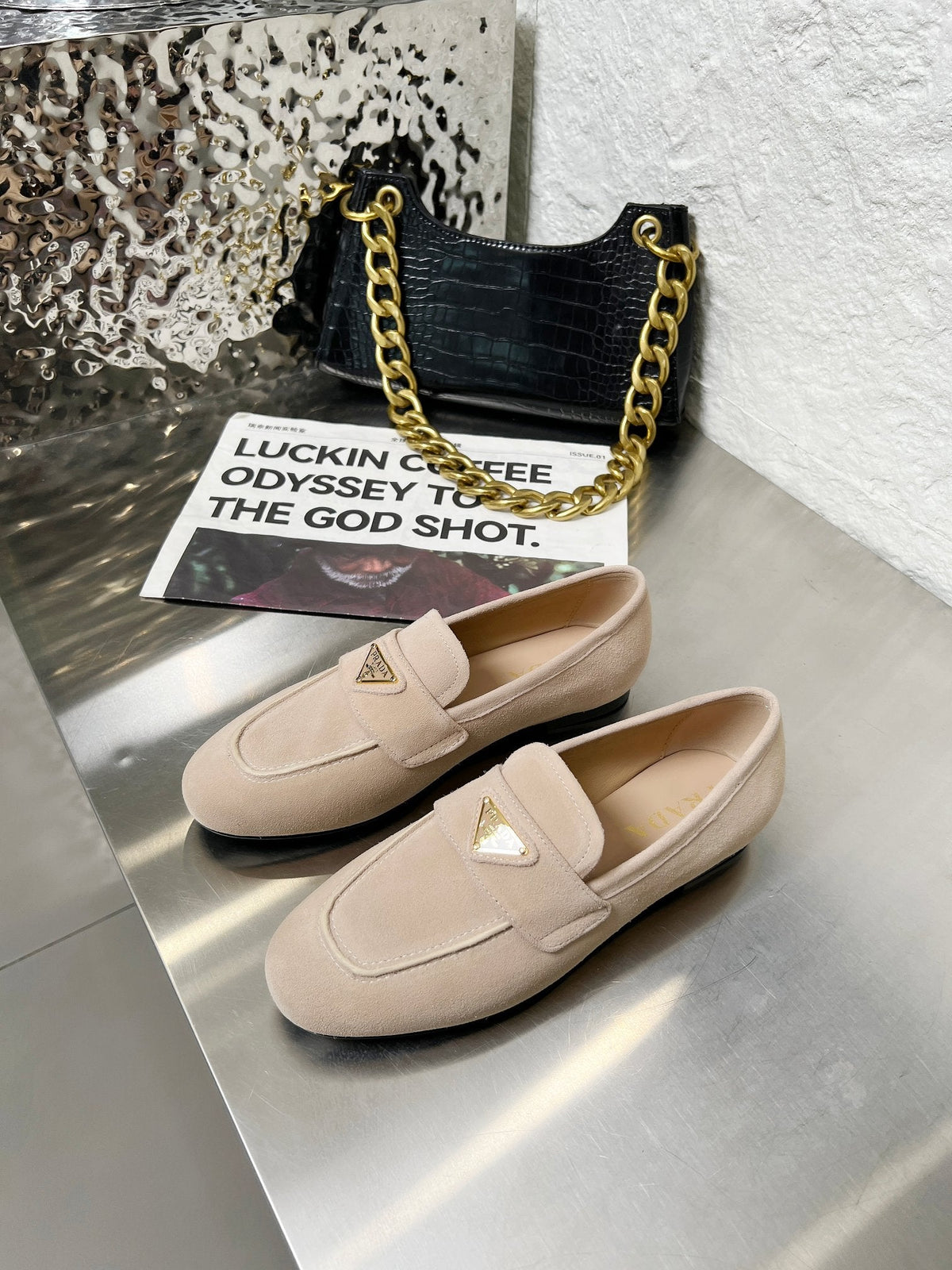 Prada 26S Classic Loafers Nude Beige Logo Suede