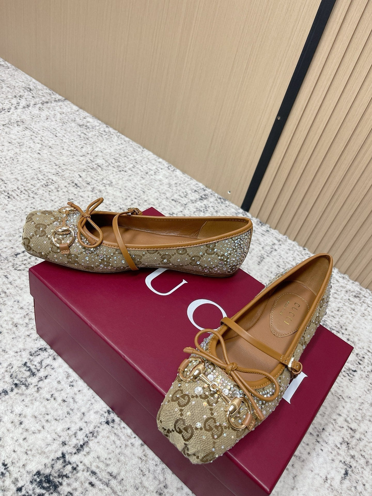 Gucci 26S Ballet Flats In Dark Beige Canvas With Crystals