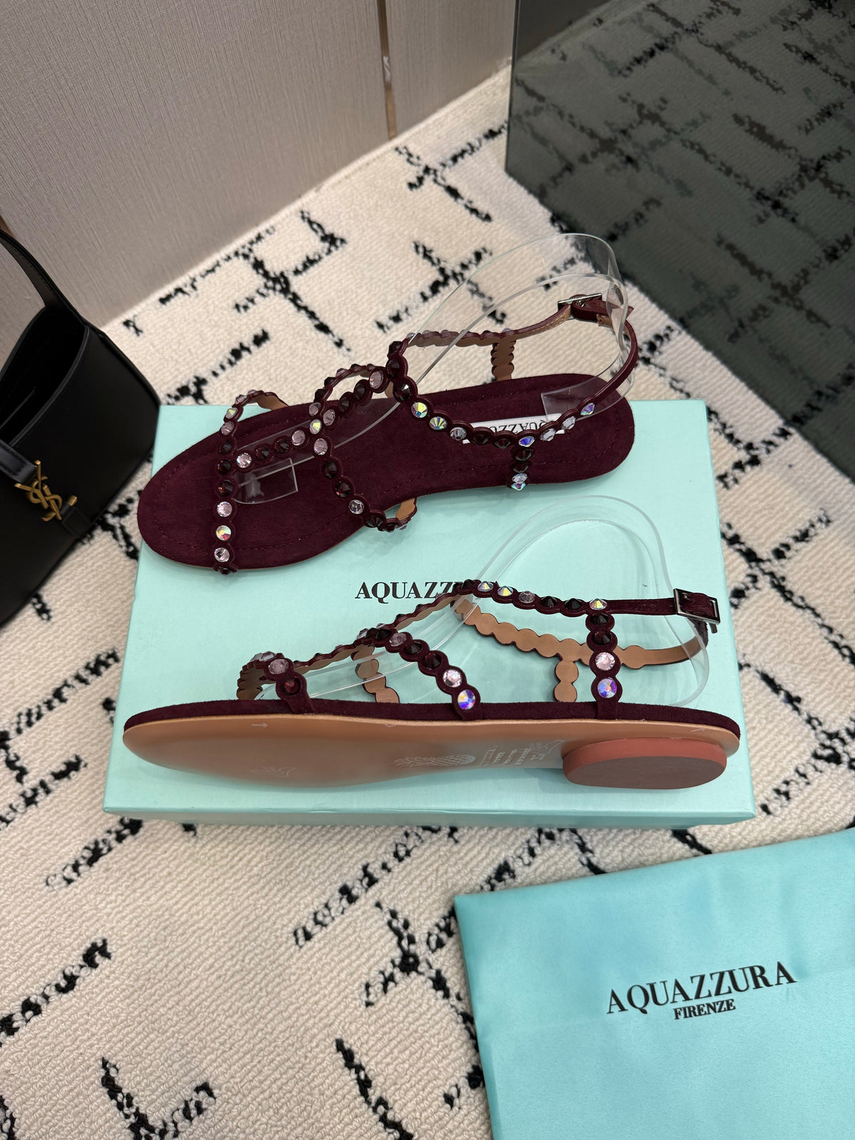 Aquazzura 26s Flat Sandals Dark Red Suede Crystal-Embellished 824195