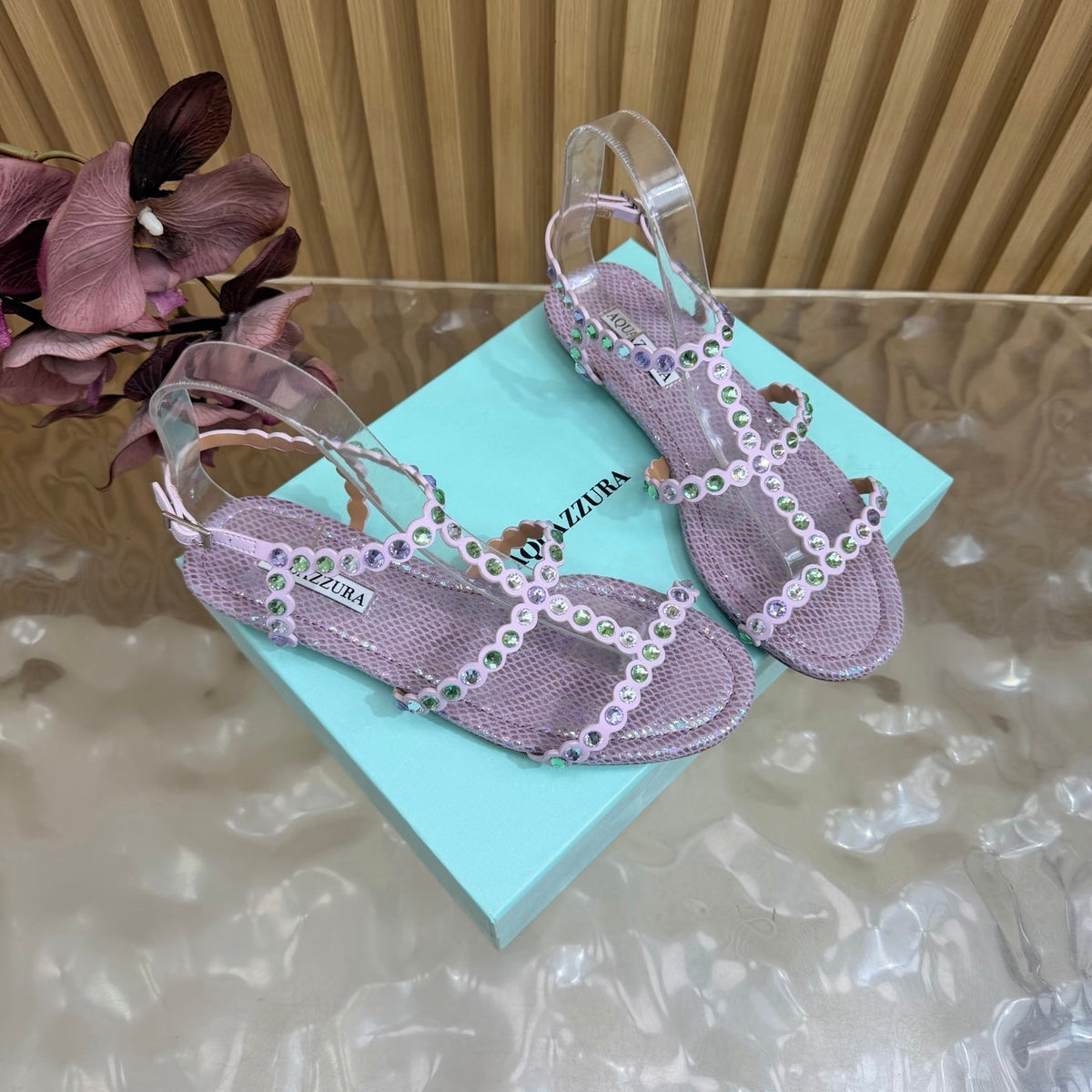 Aquazzura 26s Flat Sandals Light Purple Snakeskin Crystal Embellished 384719