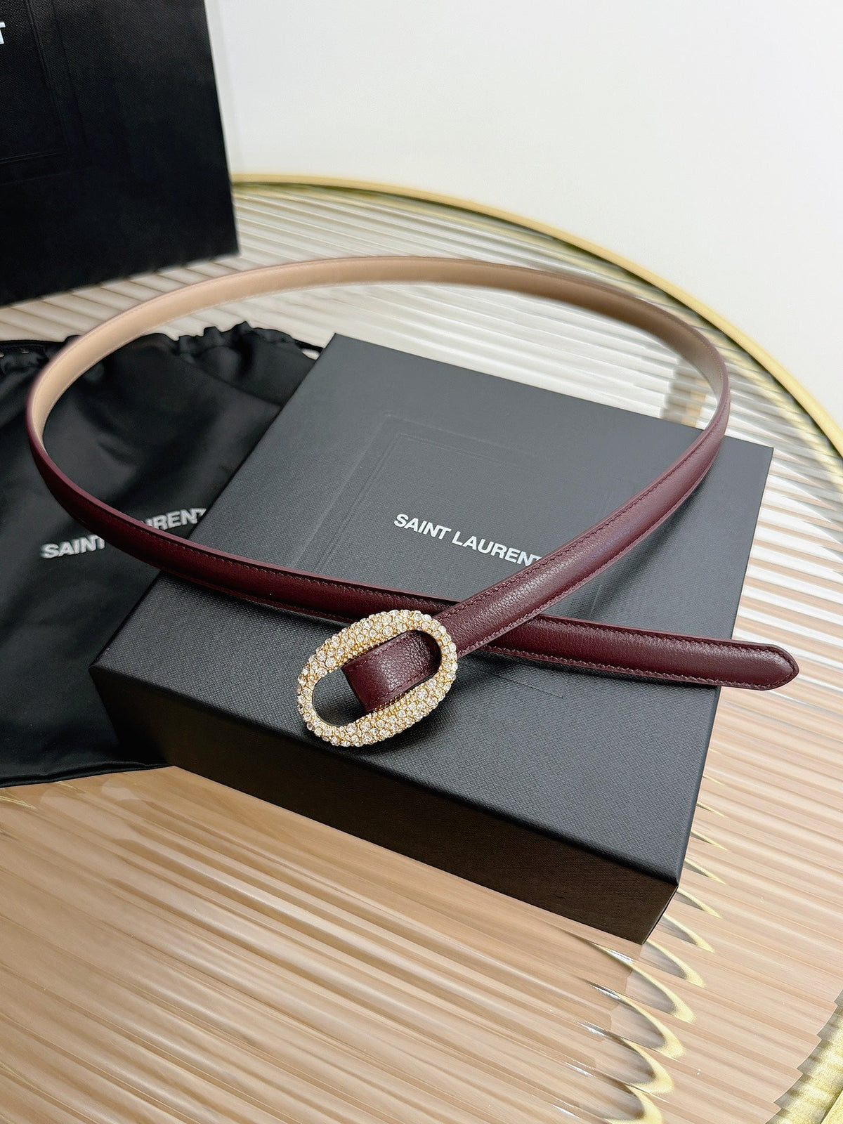 Saint Laurent 2026 Oval Belt 15mm Burgundy Leather 219084