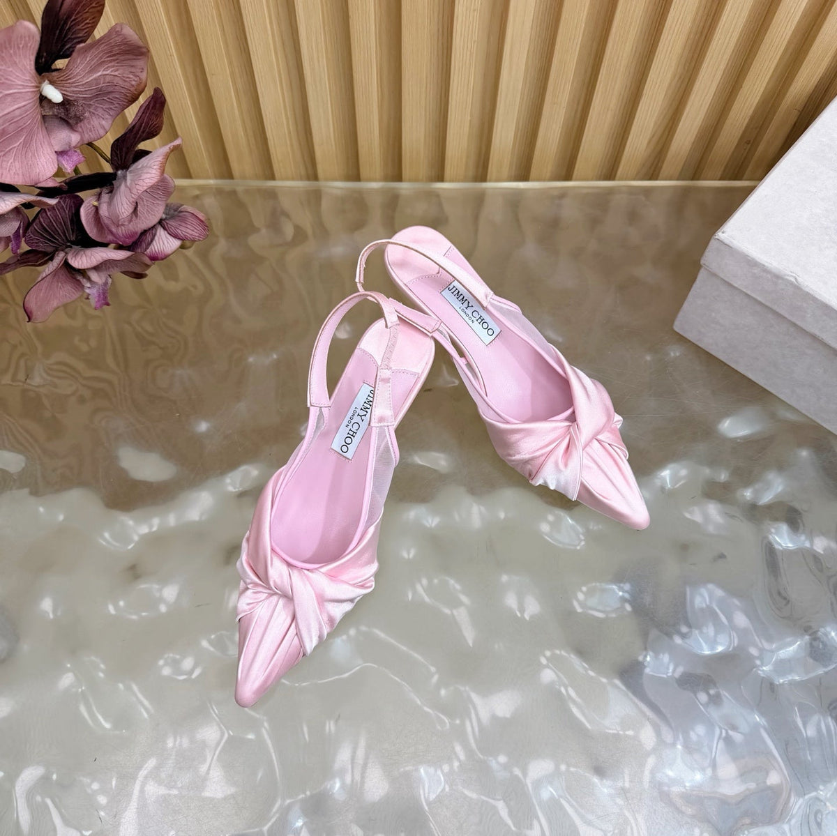 Jimmy Choo 26S Slingback Heels 6.0cm Light Pink Satin With Knot Detail 521946