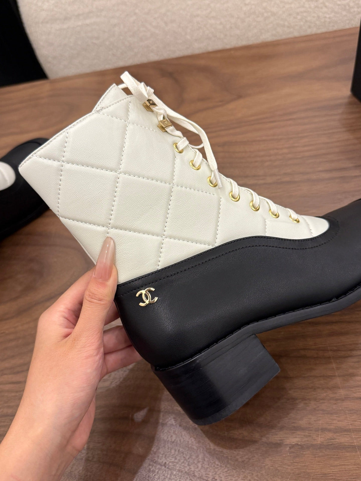 Chanel 26s Lace Up High Top Boots 4.5 Cm Black White Calfskin