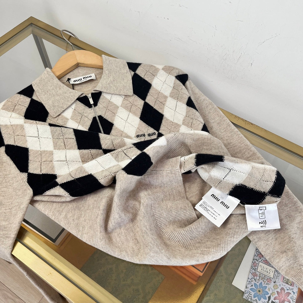 Miumiu 2026 Argyle Pattern Polo Sweater Beige Black Cashmere 435396