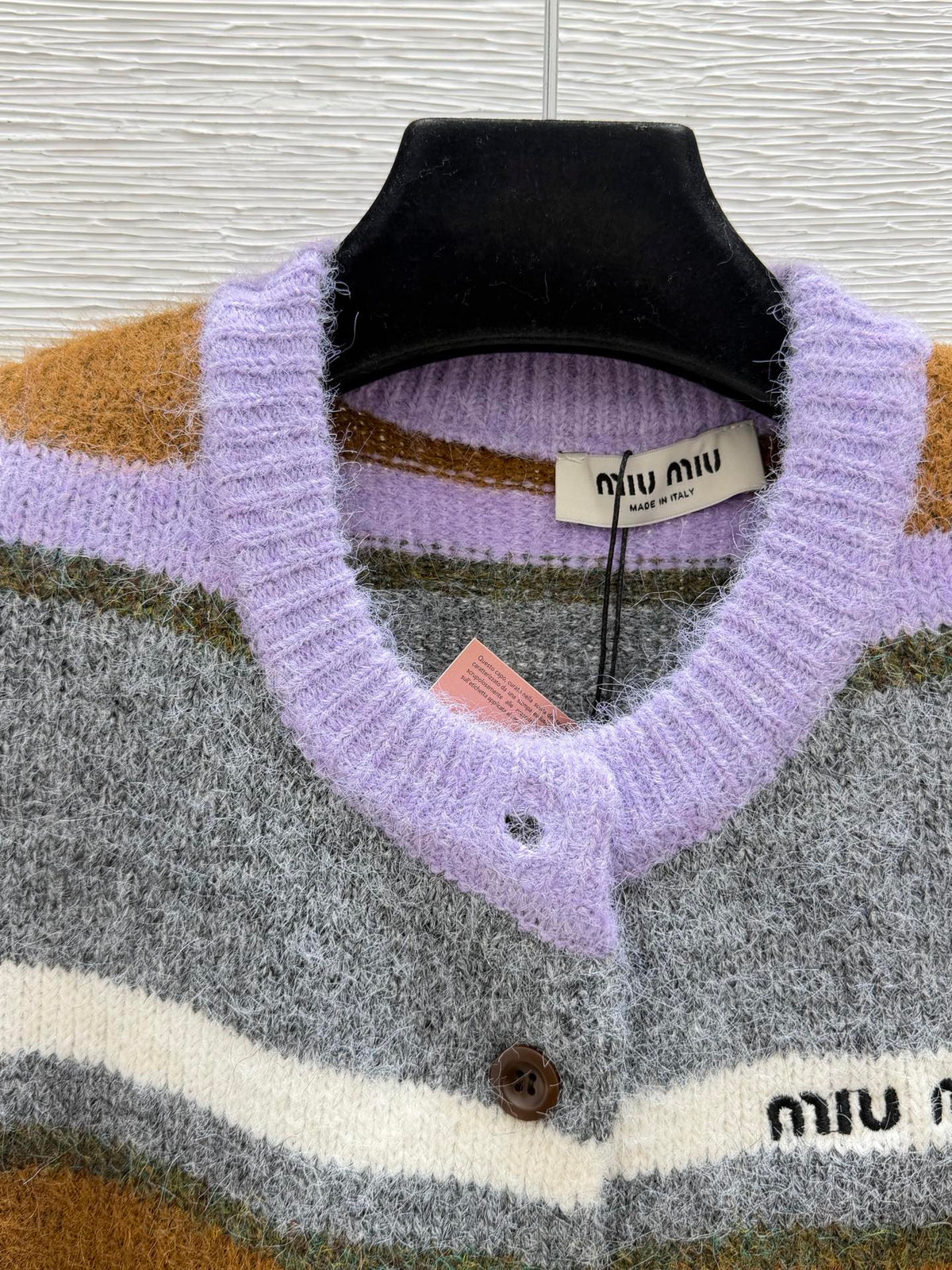 Miu 26FW Striped Knit Cardigan Round Neck Button-Front Multi-Color Wool 313340