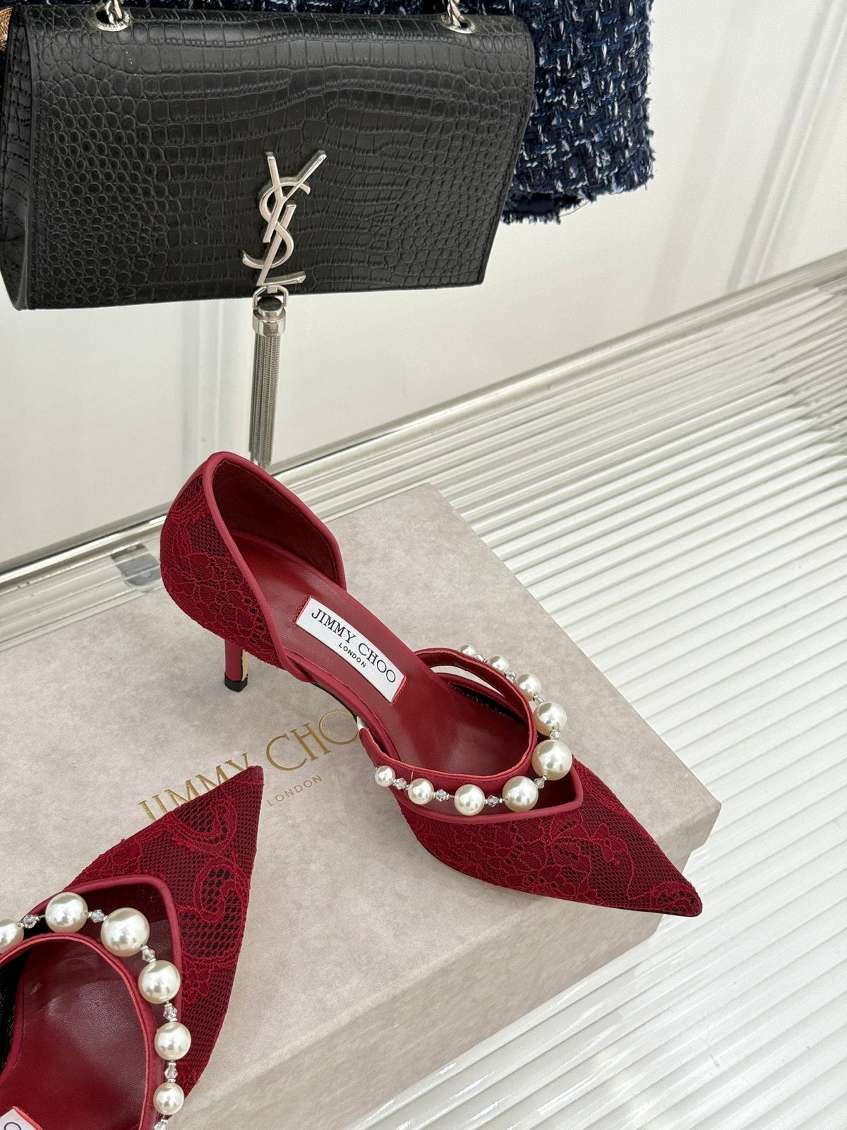 Jimmy Choo 26S High Heels 6.5cm Dark Red Lace Pearl-Embellished 384159