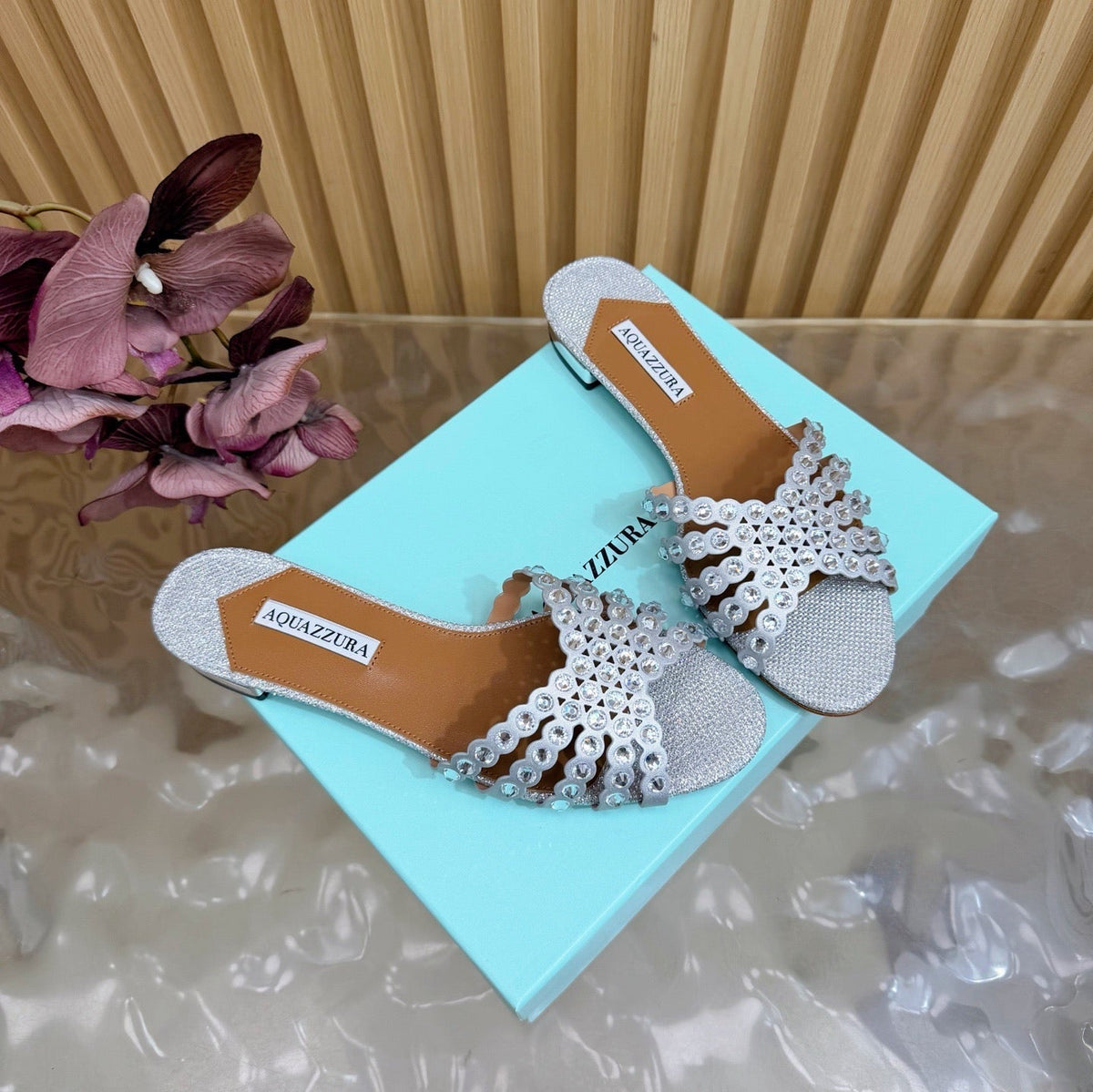 Aquazzura 26s Slides Silver Lurex Fabric 839214