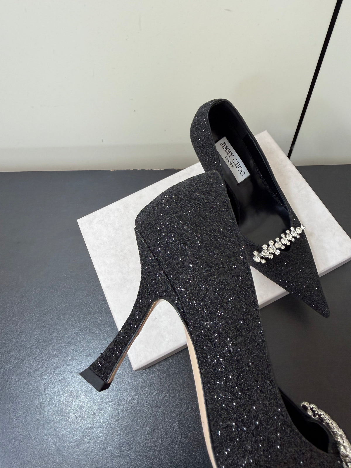 Jimmy Choo 26S Embellished High Heels 9.0cm Black Glitter 635194