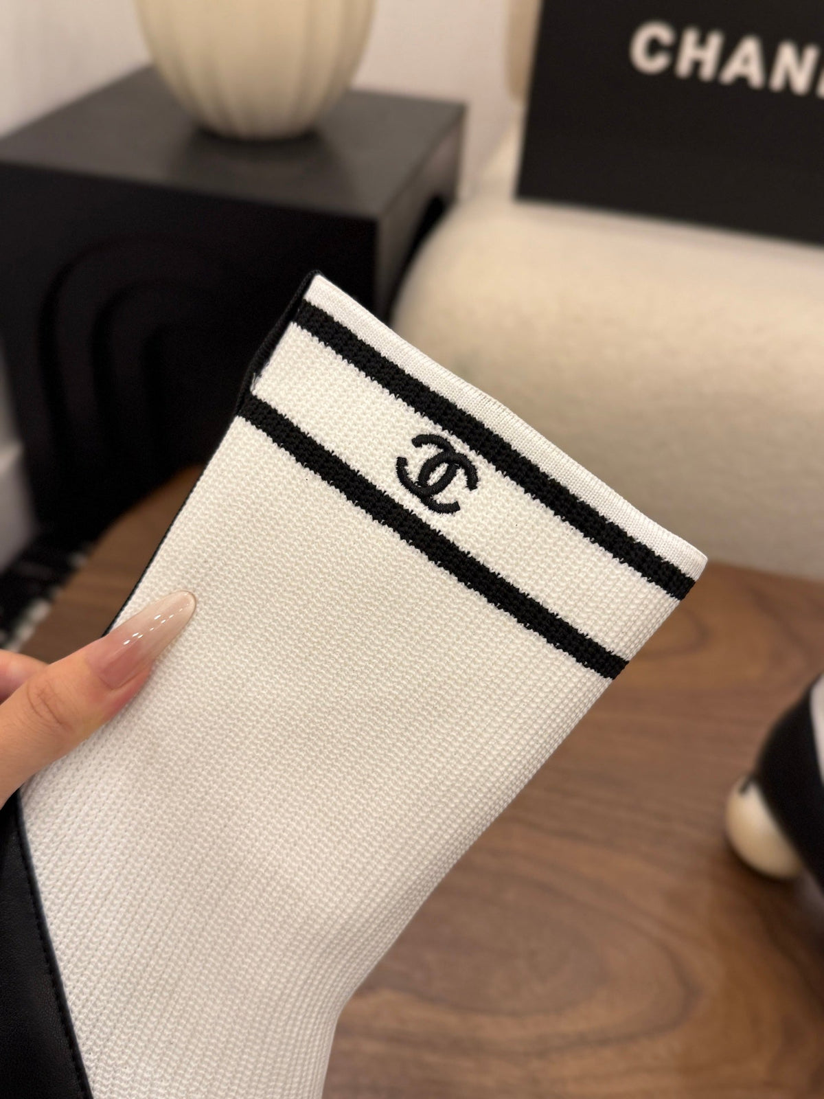 Chanel 2026 Pearl Sock Ankle Boots 65mm Cowhide Knit 173311