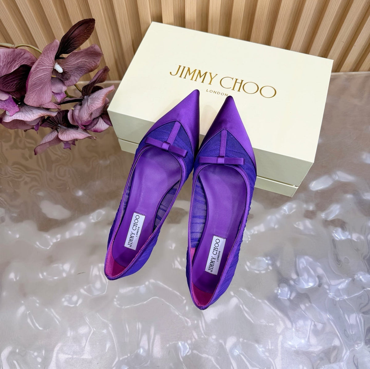 Jimmy Choo 26S Flats Dark Purple Lace And Satin 582194