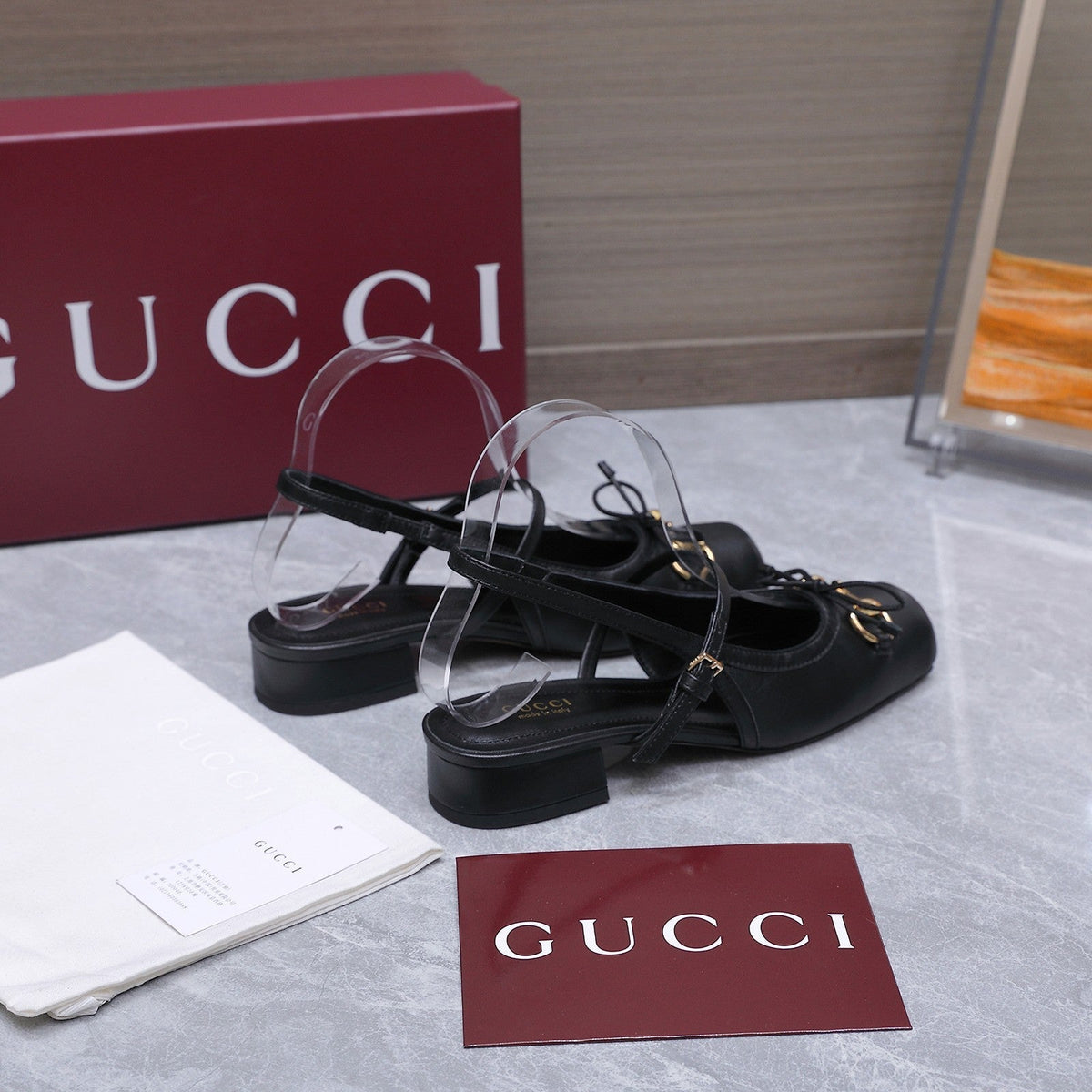 Gucci 26s Slingback Pumps Black Calfskin Gold Hardware