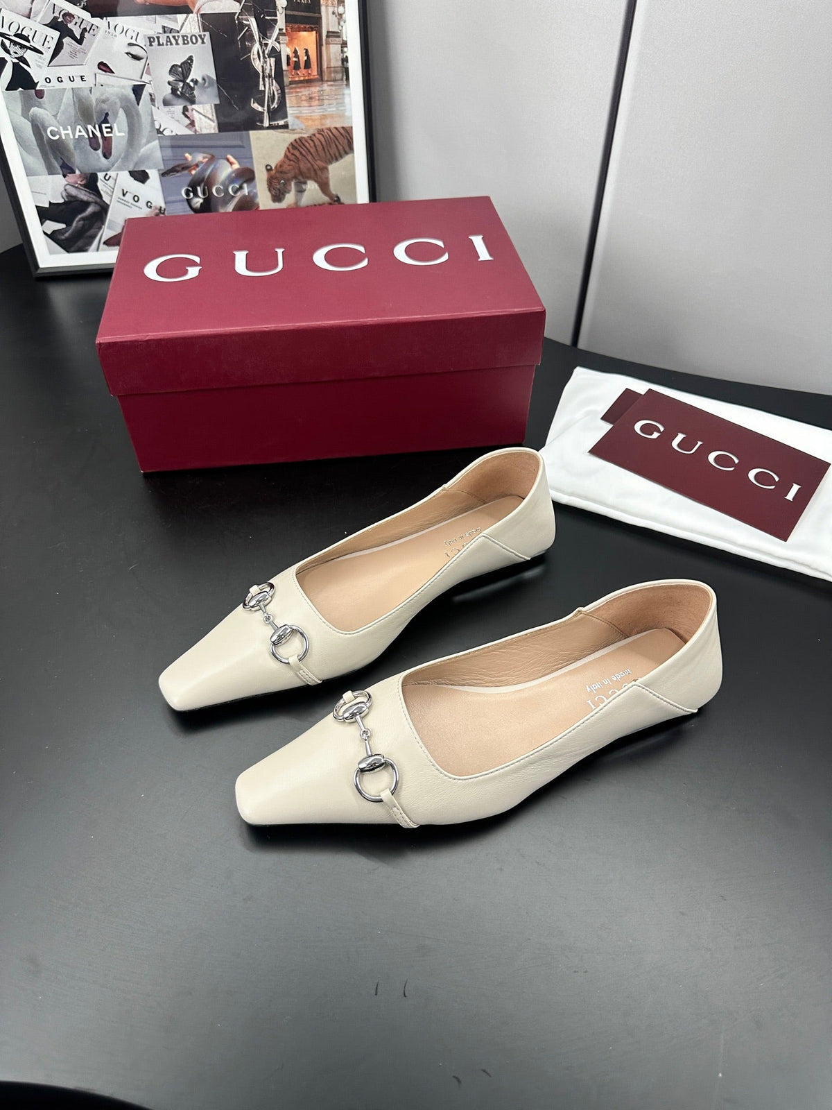 Gucci 26S Vittoria Ballerina Shoes In Cream White Calfskin