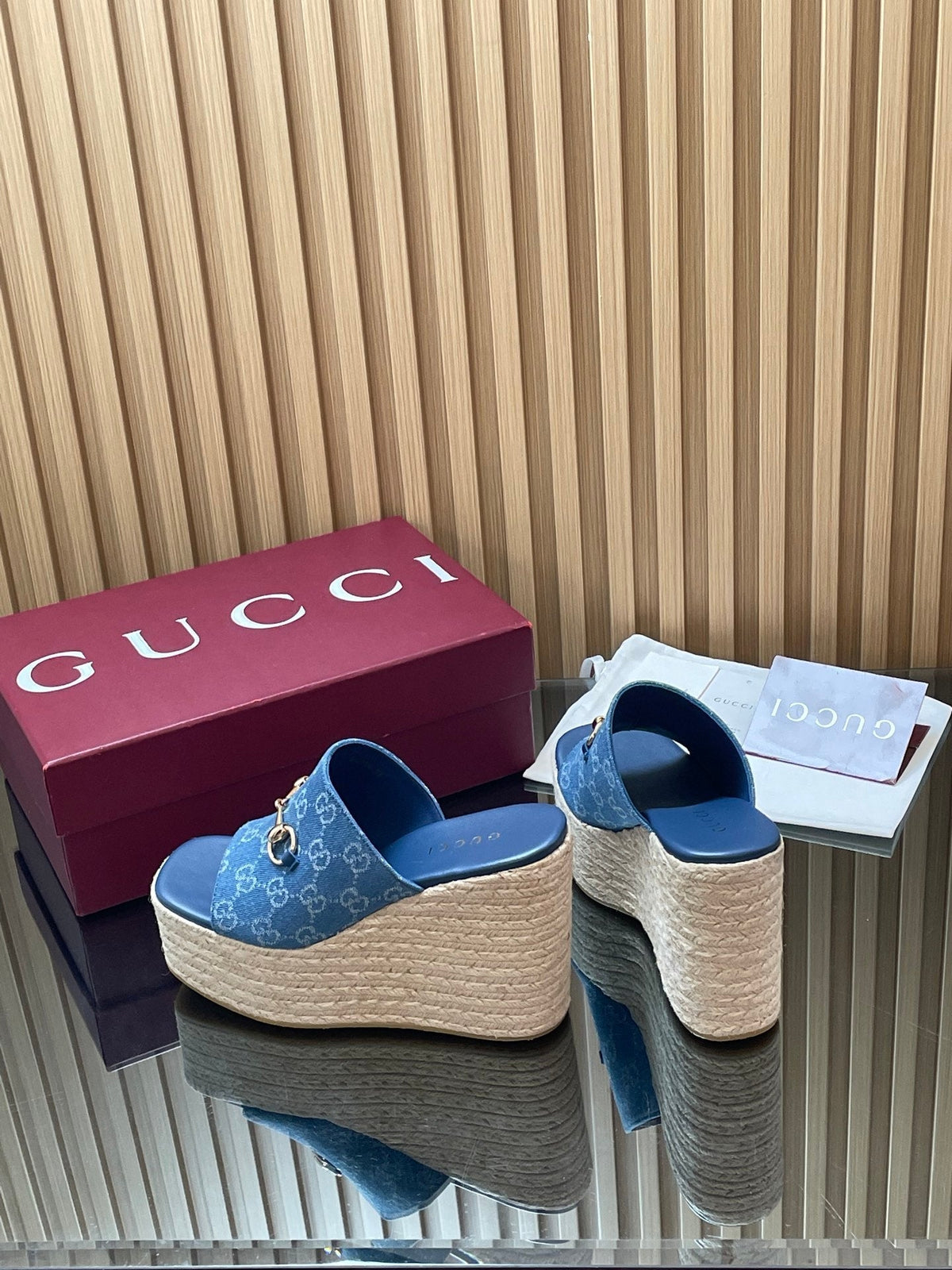 Gucci 26S Wedge Sandals 11Cm In Blue Canvas GG Monogram