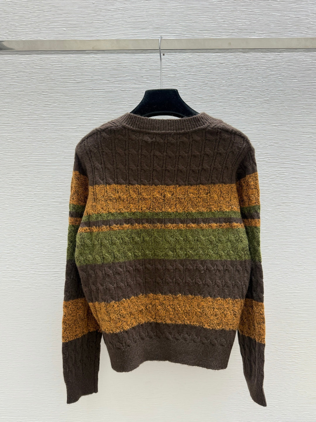 Miu 26FW Cable-Knit V-Neck Striped Sweater Brown Multi-Color Wool 313356