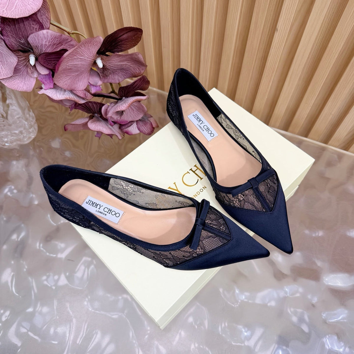 Jimmy Choo 26S Flats Black Lace And Satin 529146