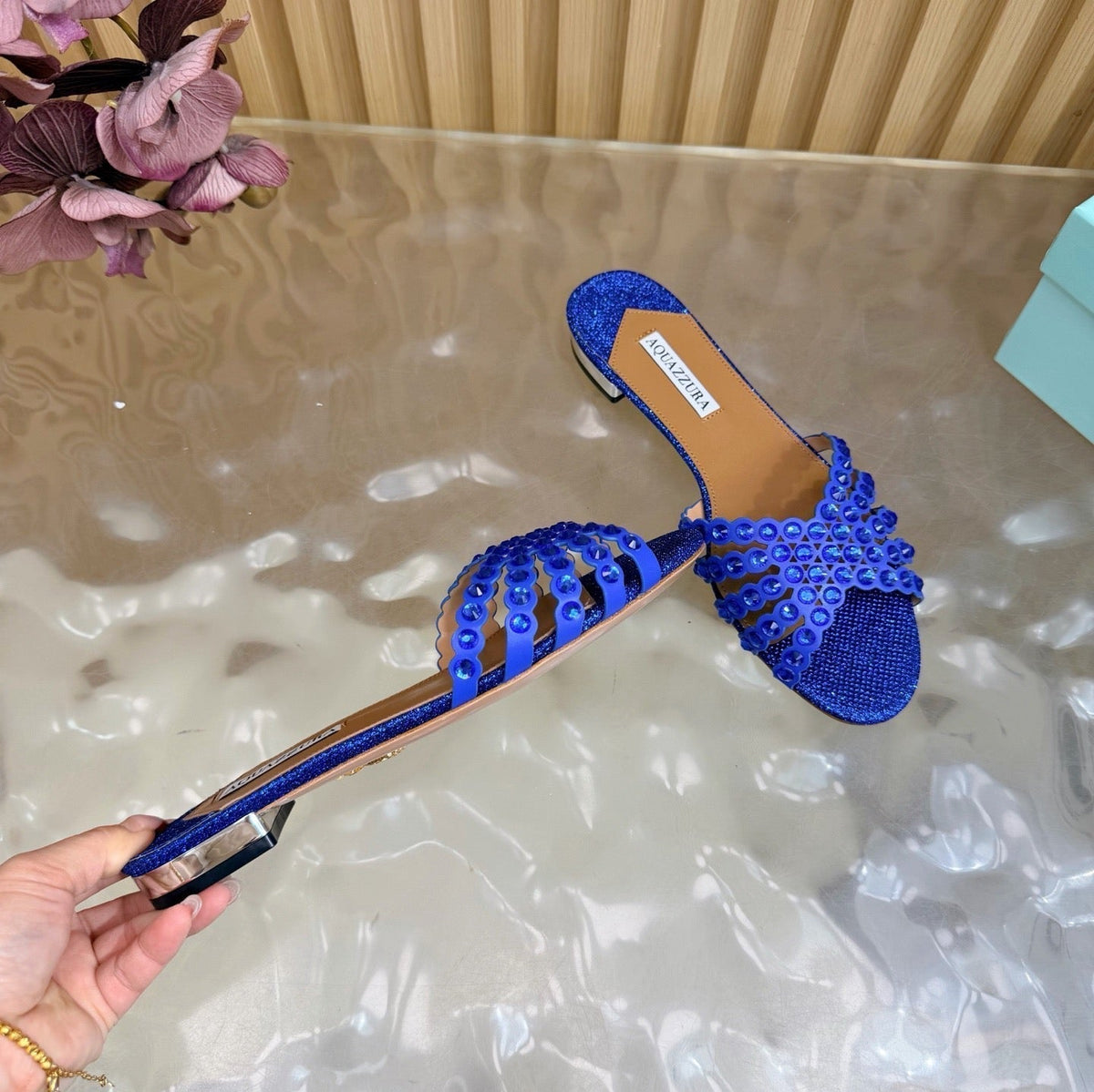 Aquazzura 26s Slides Navy Blue Lurex Fabric 614932