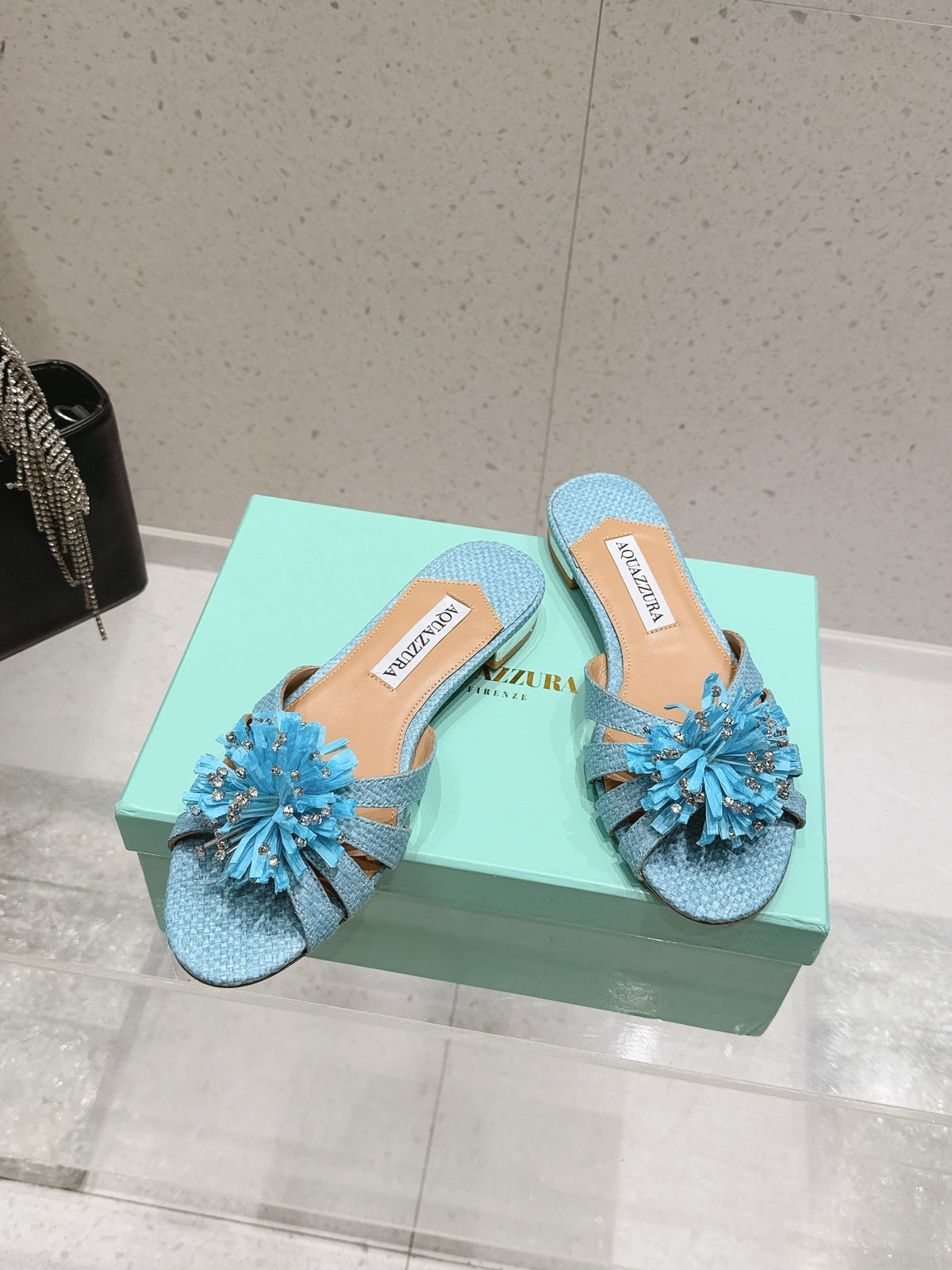 Aquazzura 26s Sandals Light Blue Woven Raffia 710492