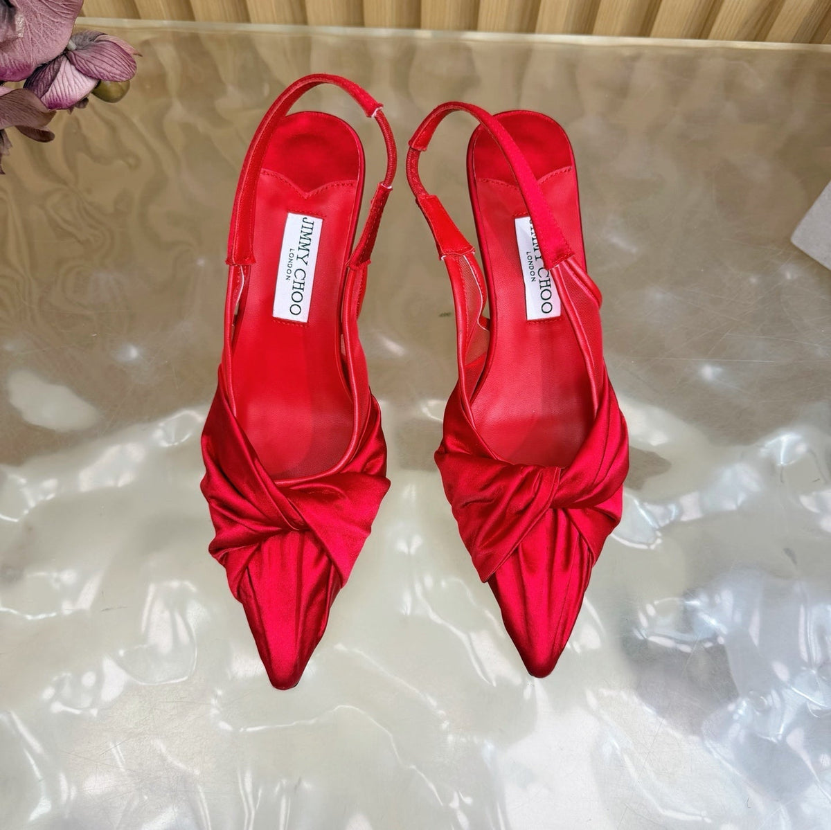 Jimmy Choo 26S Slingback Heels 6.0cm Red Satin With Knot Detail 491375
