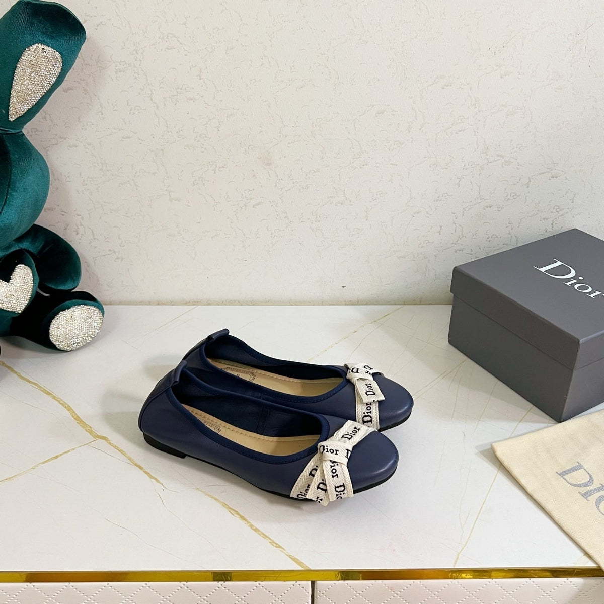 Dior 26s Bow Ballet Flats Navy Blue Calfskin