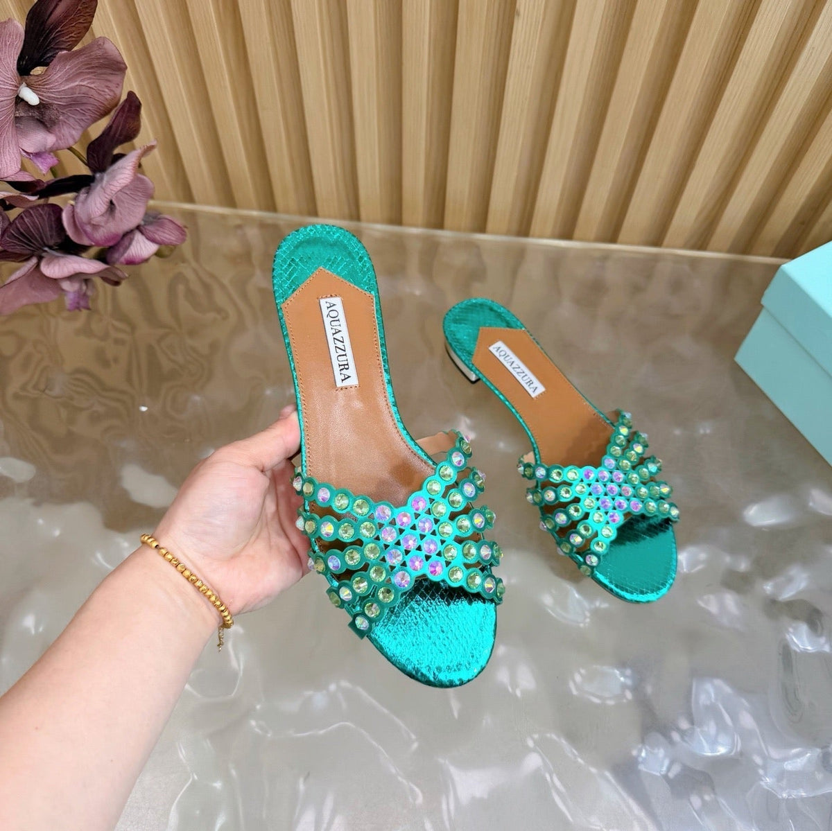 Aquazzura 26s Slides Emerald Green Snakeskin Embossed Leather 592814