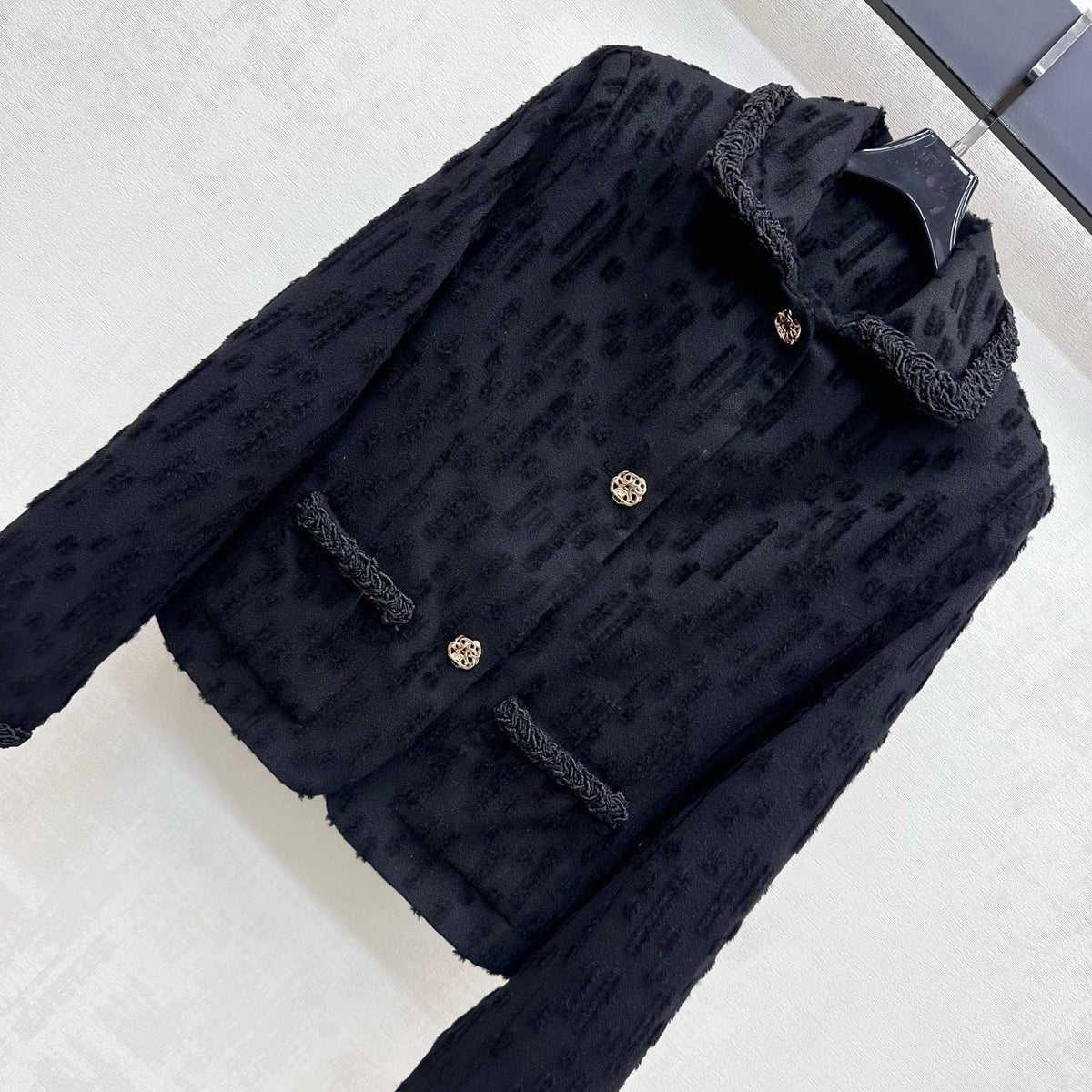 Chanel 26B Textured Wool Jacket With Collar Black 444356