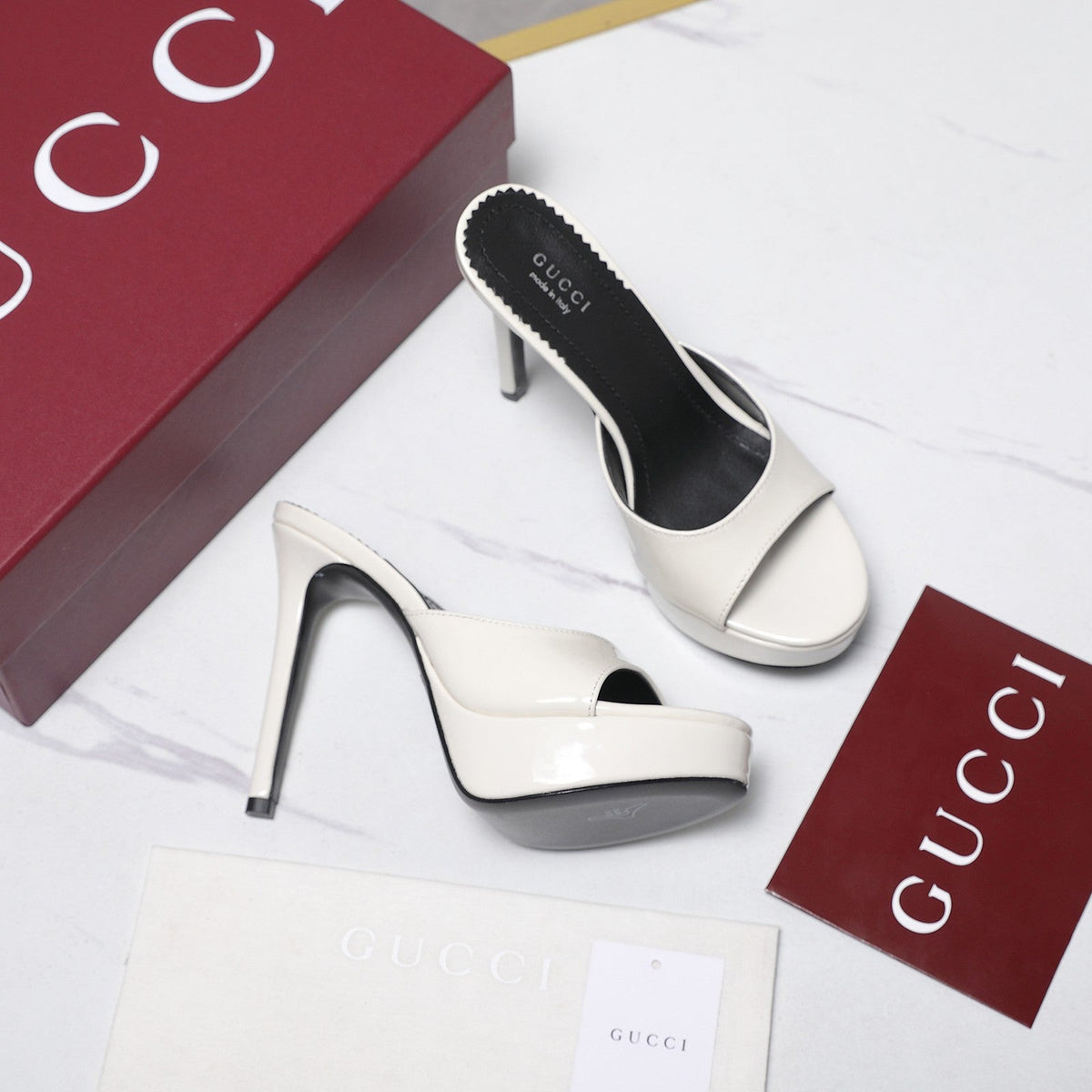 Gucci 26s Heeled Slide Sandals 12cm White Patent Calfskin