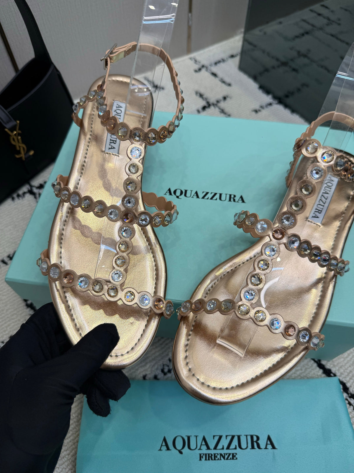 Aquazzura 26s Flat Sandals Rose Gold Lambskin Crystal-Embellished 719405