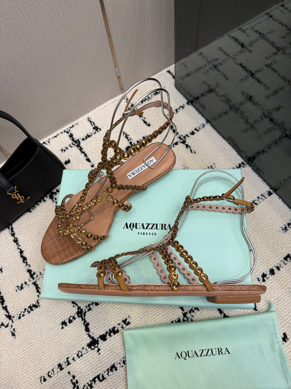 Aquazzura 26s Ankle-Strap Sandals Brown Woven Fabric 502814