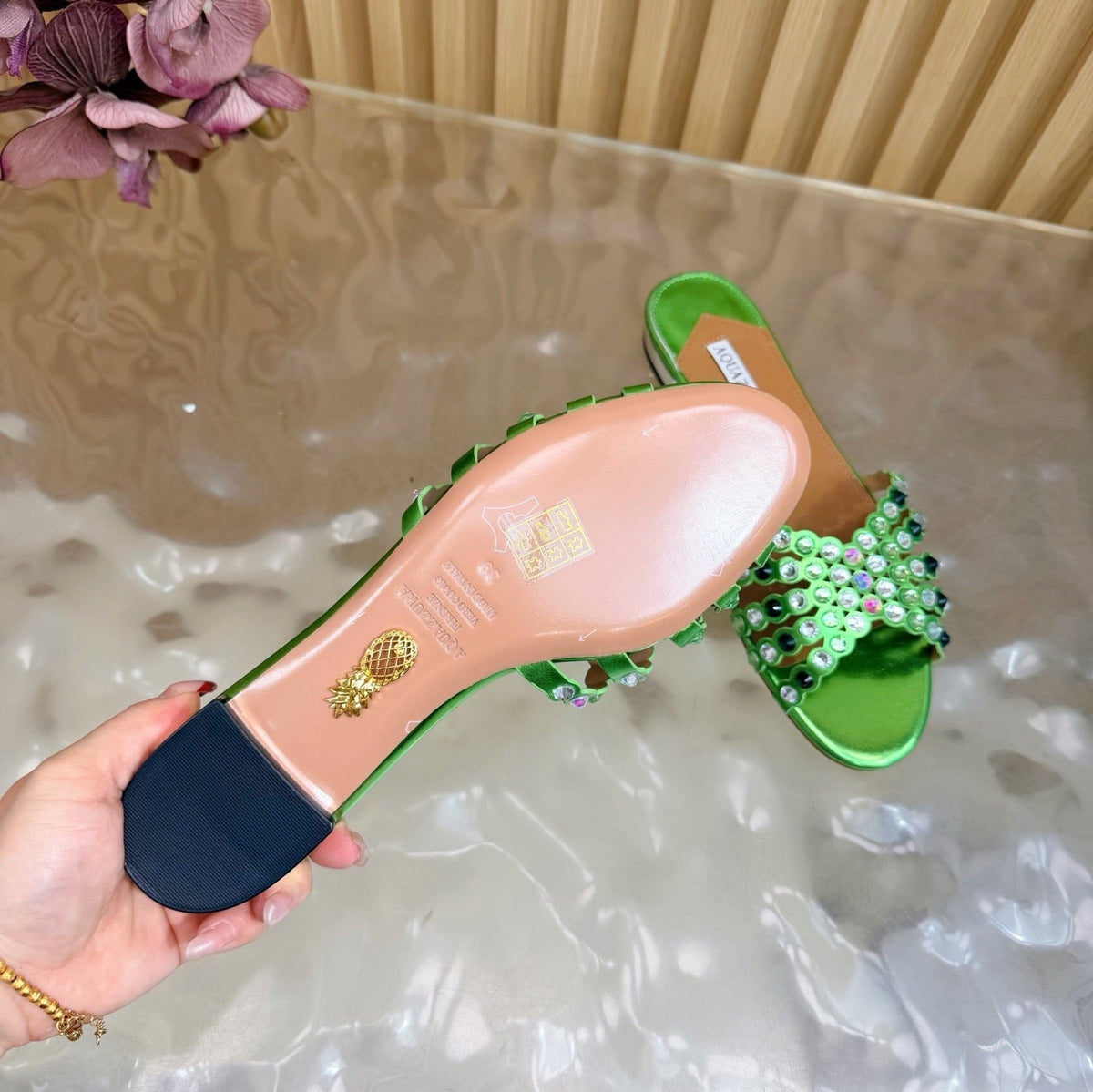 Aquazzura 26s Slides Green Lambskin Crystal Embellished 741935