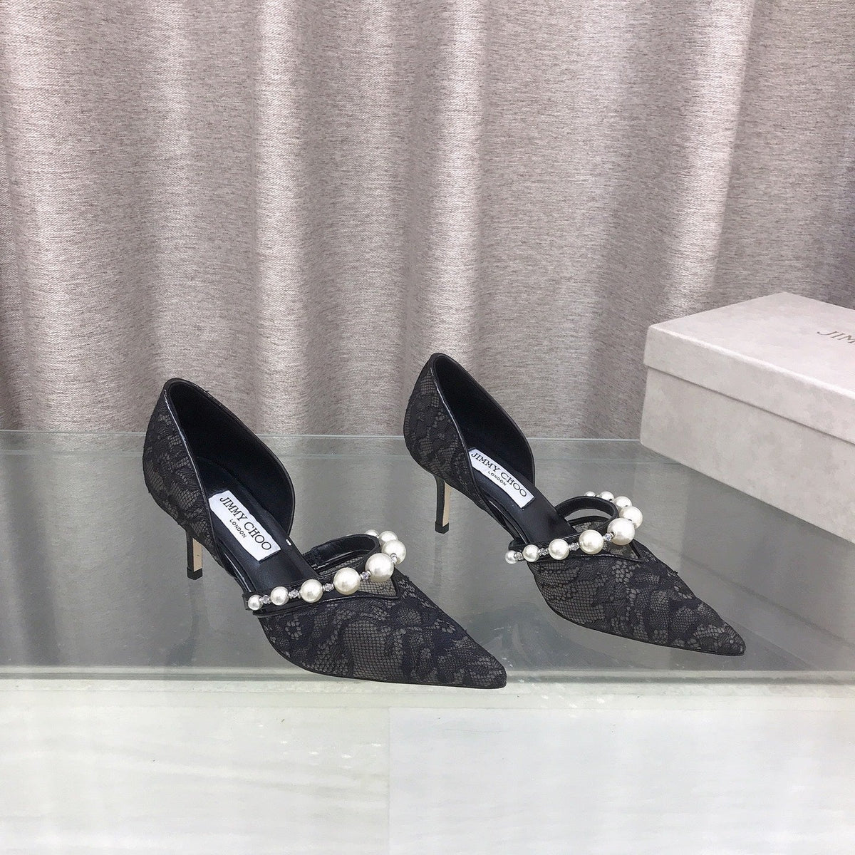 Jimmy Choo 26S High Heels 6.5cm Black Lace Pearl-Embellished 529418