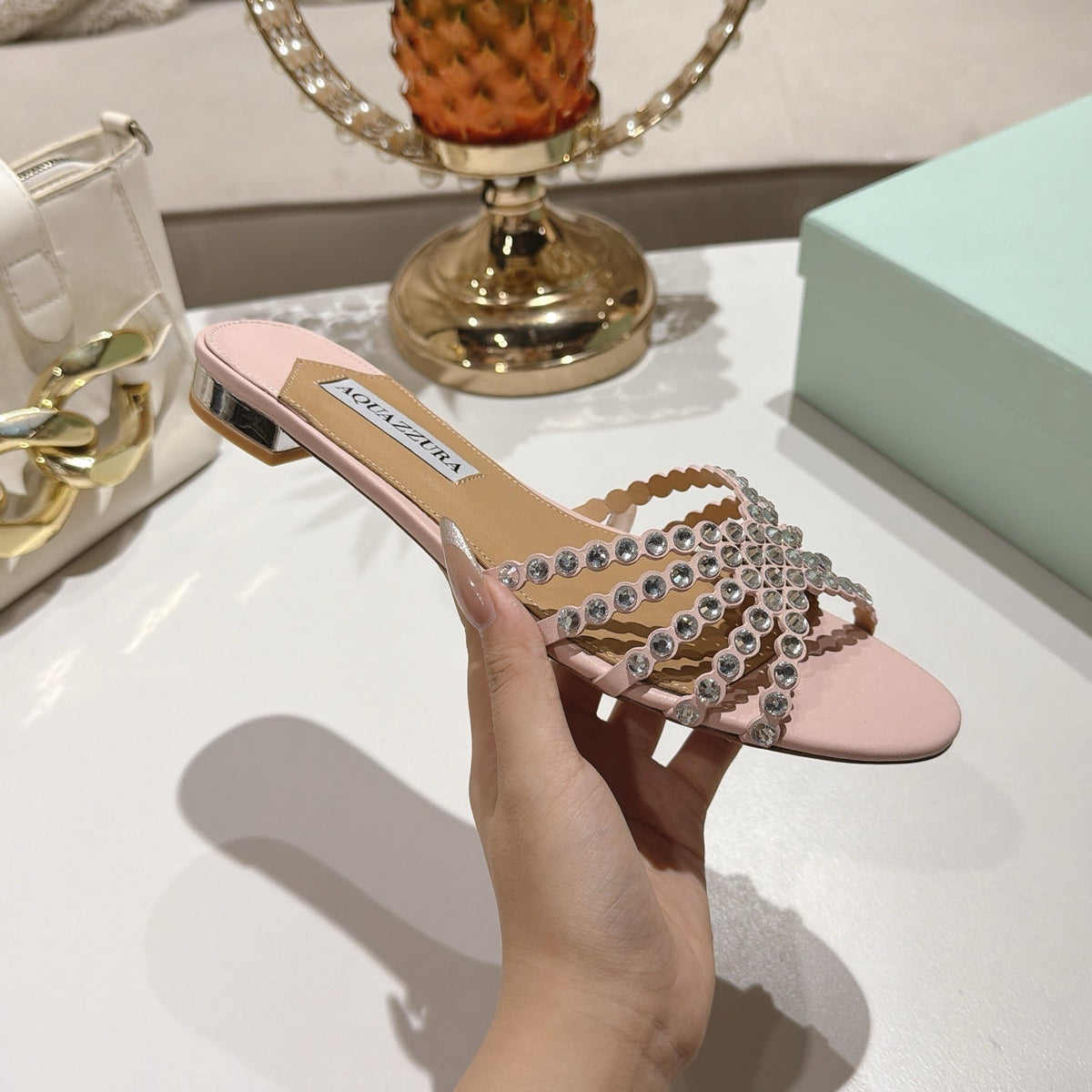 Aquazzura 26s Slides Light Pink Lambskin Crystal Embellished 592841