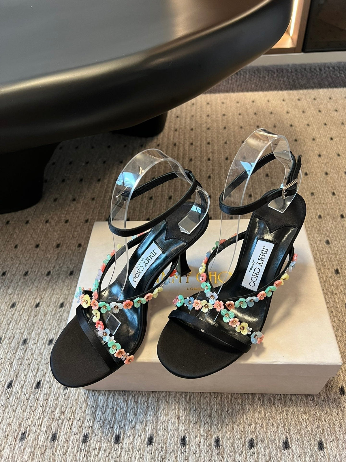 Jimmy Choo 26S Floral Heel Sandals 8.5cm Black Satin And Lambskin 524193