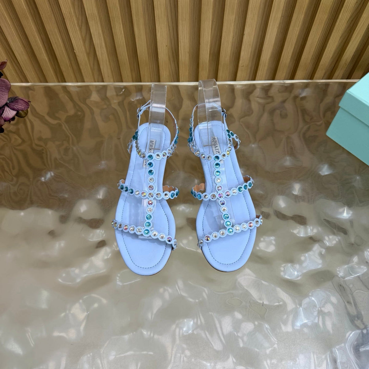 Aquazzura 26s Flat Sandals Light Blue Calfskin Crystal Embellished 471092