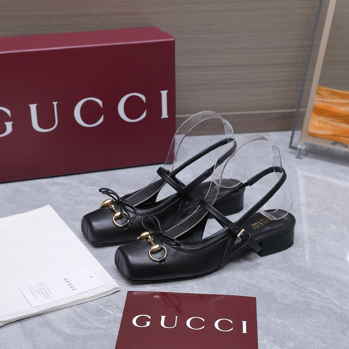 Gucci 26s Slingback Pumps Black Calfskin Gold Hardware