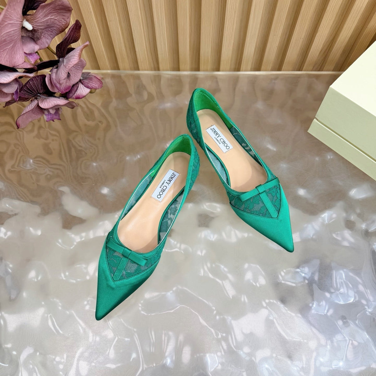Jimmy Choo 26S Flats Green Lace And Satin 571492