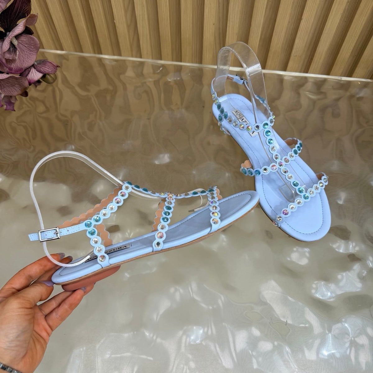 Aquazzura 26s Flat Sandals Light Blue Calfskin Crystal Embellished 471092