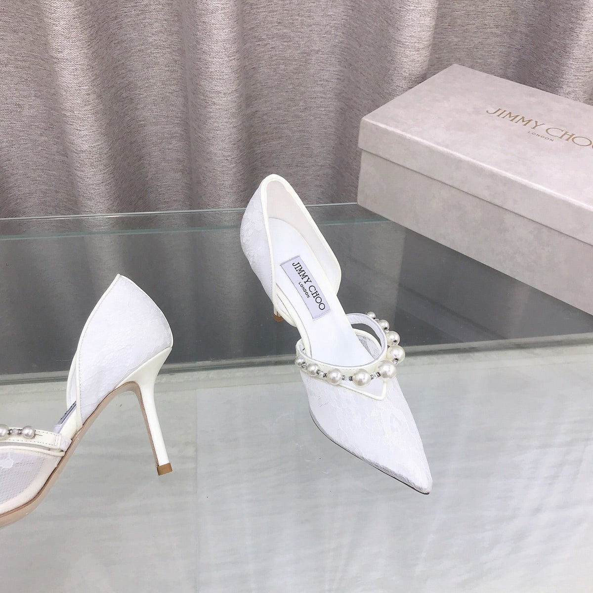 Jimmy Choo 26S High Heels 8.5cm White Lace Pearl-Embellished 395174
