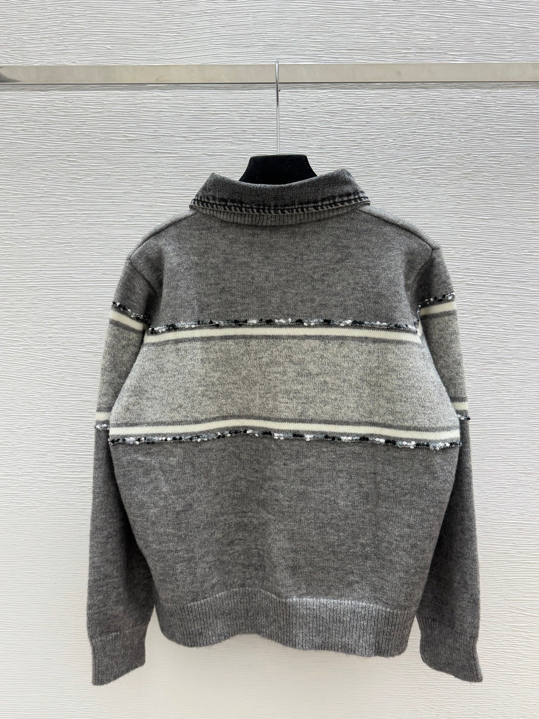 Miu 26FW Collared Cashmere Cardigan Denim Collar Striped Embellishments Ash Wool 313354