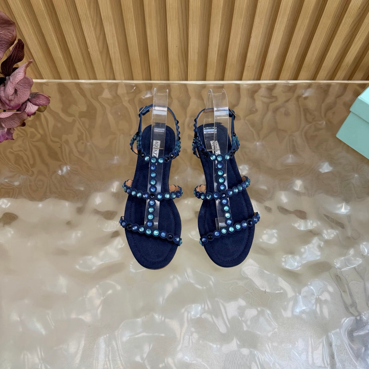 Aquazzura 26s Flat Sandals Navy Blue Suede Crystal Embellished 571932