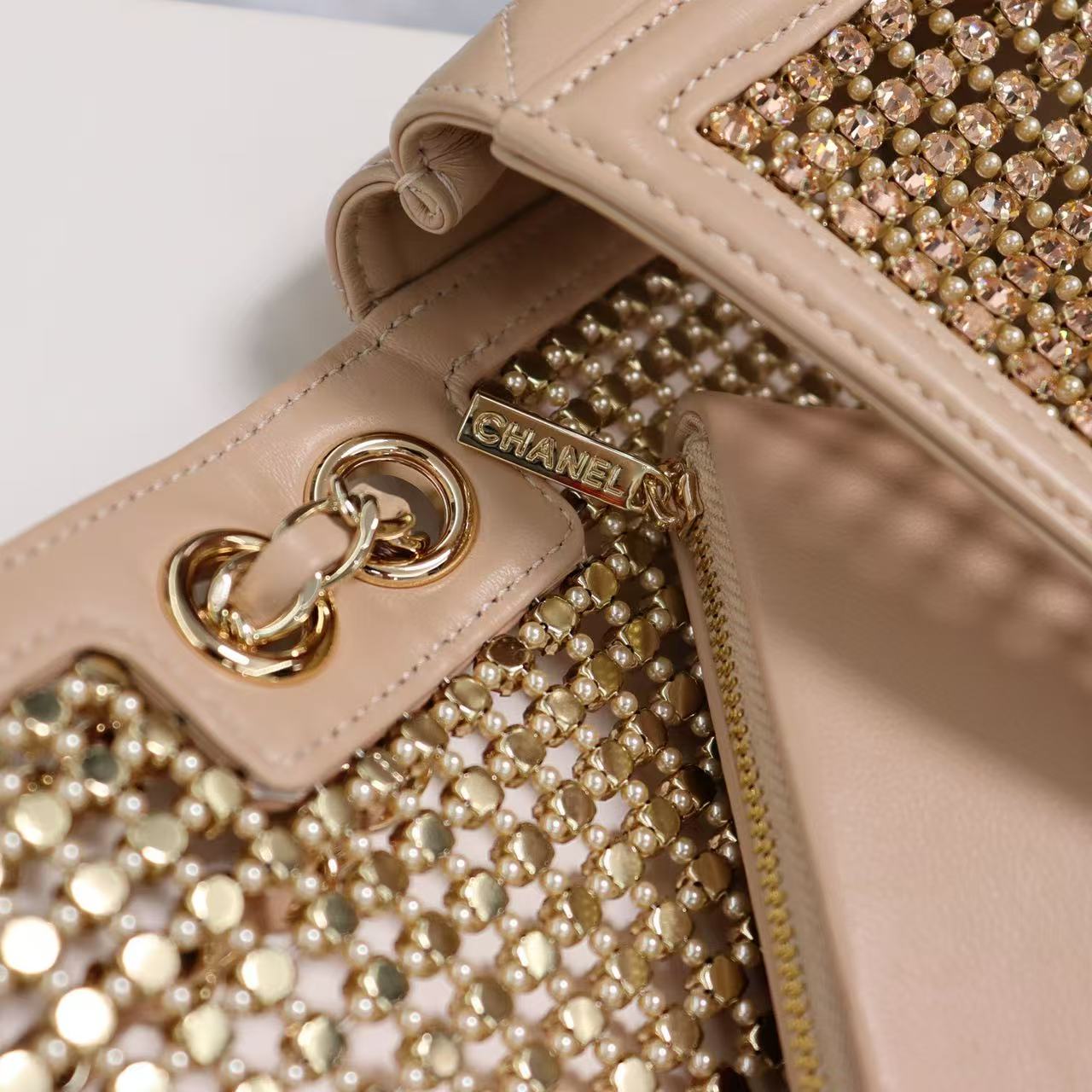 CC Crystal Flap Bag With Pouch Beige Lambskin