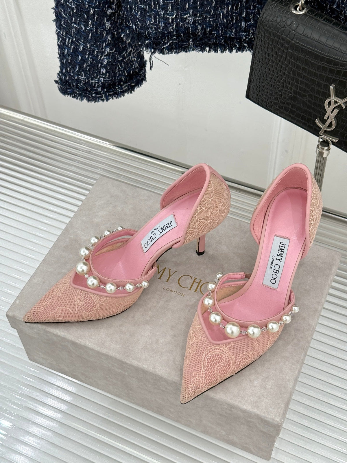 Jimmy Choo 26S High Heels 8.5cm Light Pink Lace Pearl-Embellished 271493