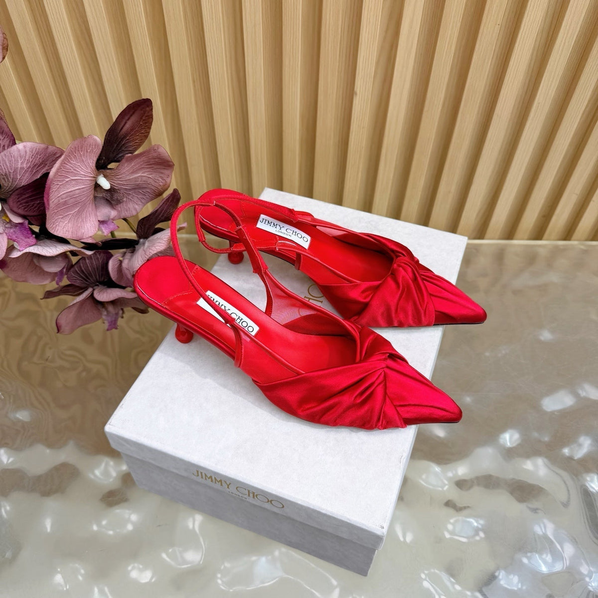 Jimmy Choo 26S Slingback Heels 6.0cm Red Satin With Knot Detail 491375