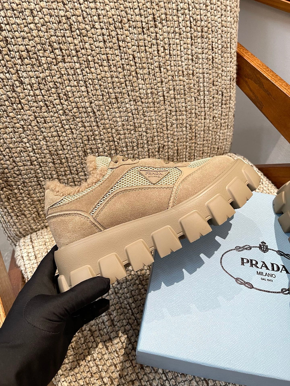 Prada 2026 Monolith Trainer Sneaker Suede Mesh Wool 175418