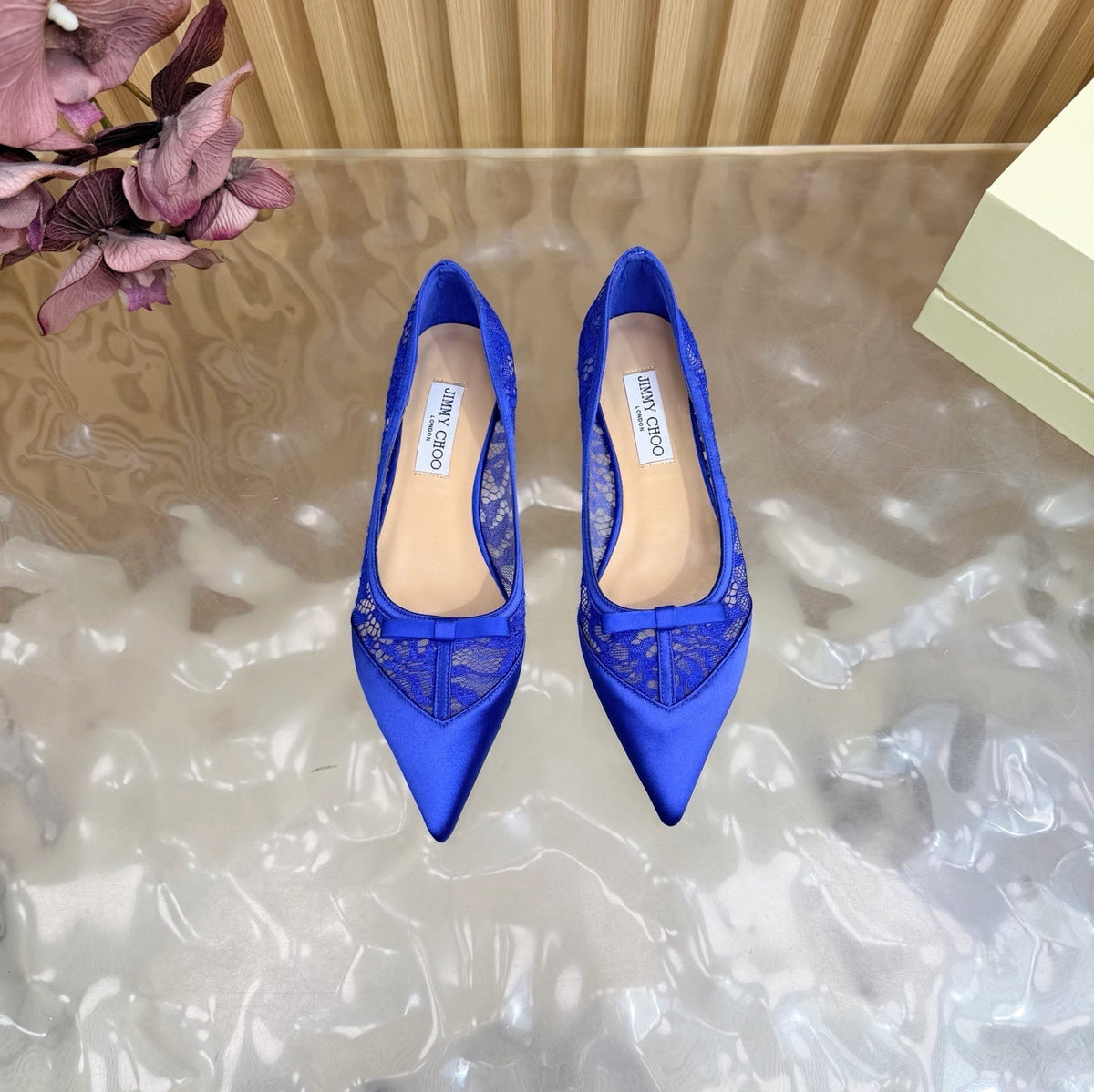 Jimmy Choo 26S Flats Dark Blue Lace And Satin 735219