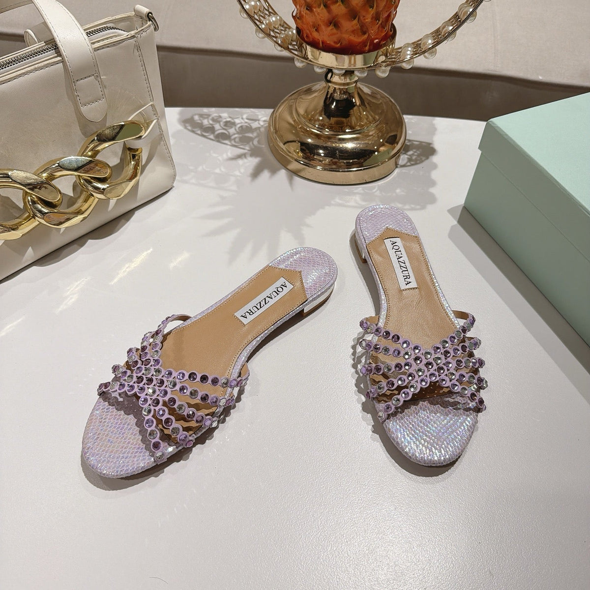 Aquazzura 26s Slides Light Purple Snakeskin Crystal Embellished 749301