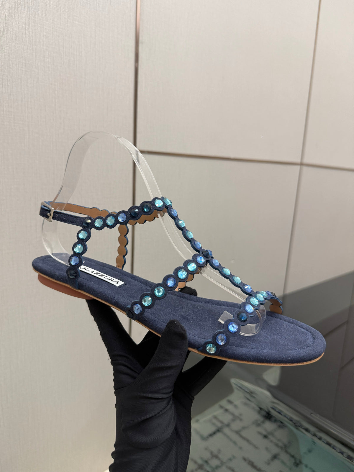 Aquazzura 26s Flat Sandals Navy Blue Suede Crystal-Embellished 610482