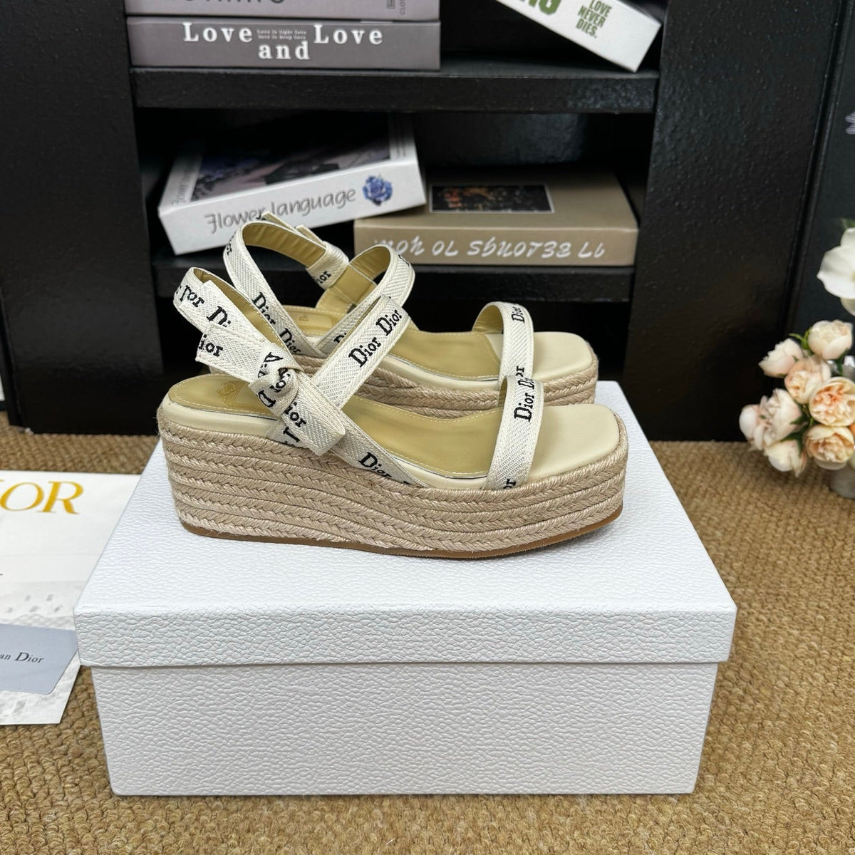 Dior 26s Espadrille Wedge Sandal Beige Canvas Calfskin