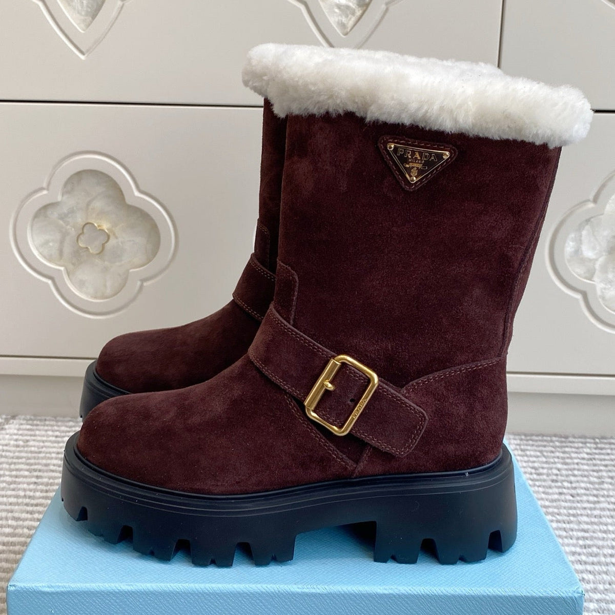 Prada 2026 Biker Platform Boots Suede Cowhide Wool 147125