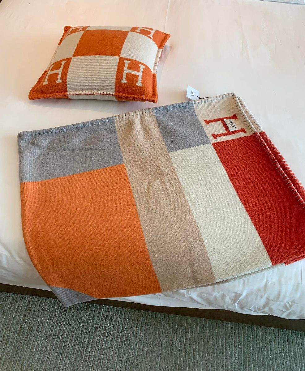 HM Drapeau Blanket Terracotta and Grey Wool Cashmere