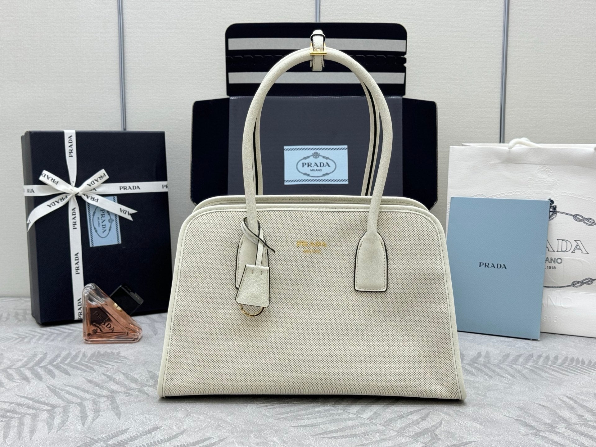 Prada Linen Medium Tote Bag Soft Grain Leather & Canvas